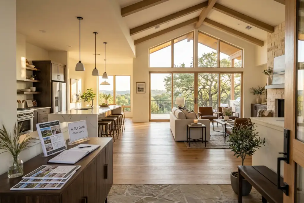 Bright open floor plan home interior with kitchen island and natural light streaming through windows during an open house in Austin Texas