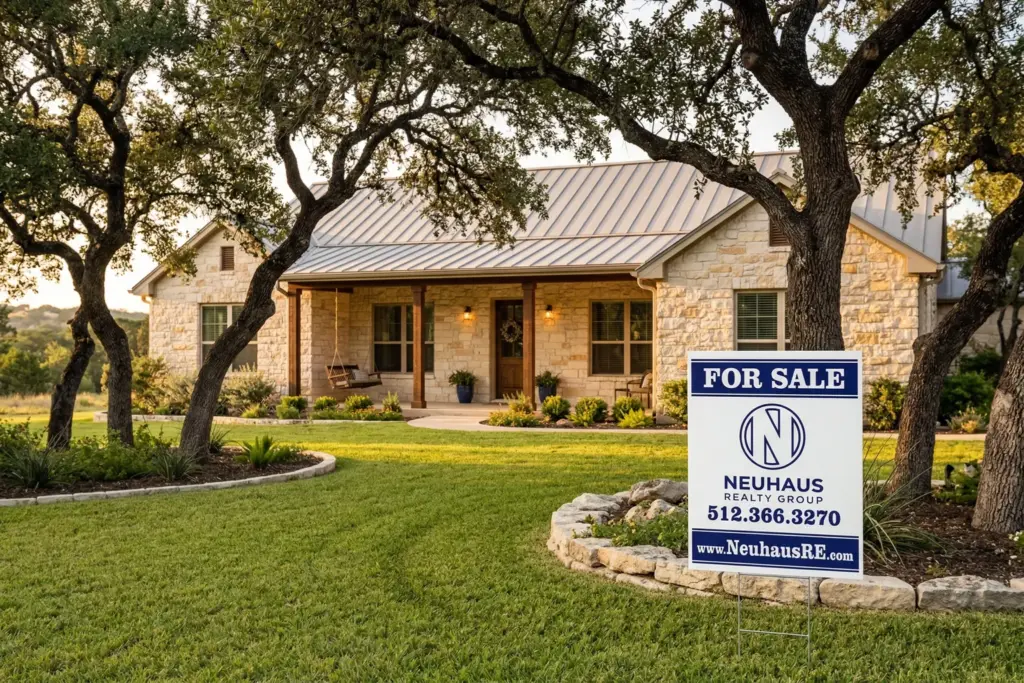 Limestone Hill Country home in Bee Cave Texas with Neuhaus Realty Group for sale sign and mature live oak trees at golden hour