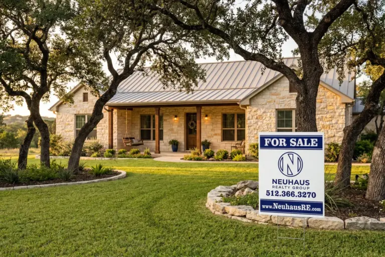 Limestone Hill Country home in Bee Cave Texas with Neuhaus Realty Group for sale sign and mature live oak trees at golden hour