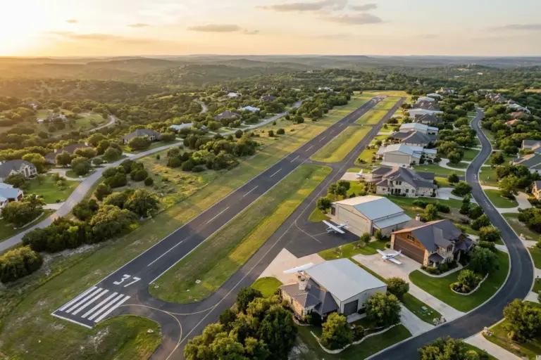 Aerial view of a Texas residential airpark showing hangar homes with taxiway access alongside a paved runway in the Hill Country