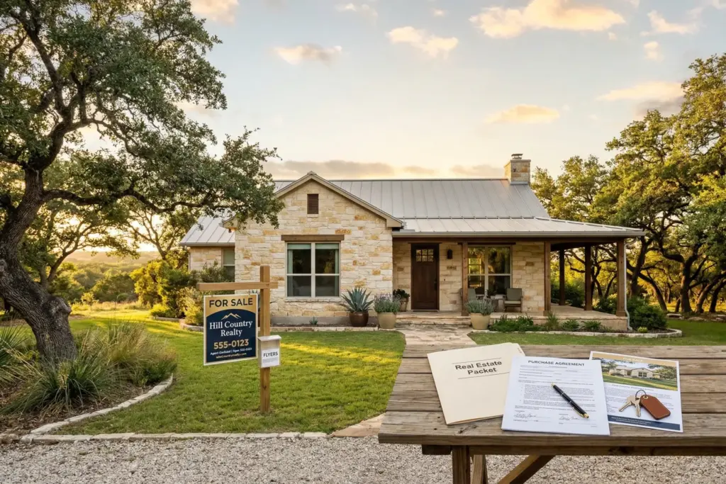 Limestone ranch home in the Texas Hill Country with for-sale sign and documents on porch table at golden hour sunset