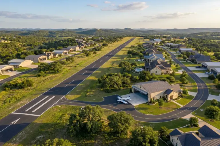 Aerial view of residential airpark with paved runway, hangar homes, and Texas Hill Country landscape in Boerne Texas