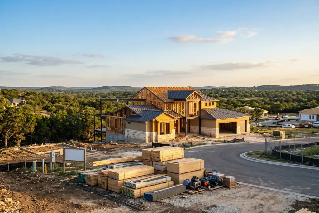 New construction home framing with building materials in the Austin Texas Hill Country at golden hour