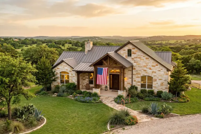 Texas Hill Country limestone home with American flag on porch at golden hour in Austin Texas