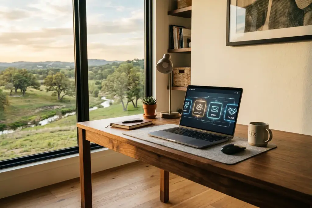 Laptop on wooden desk showing AI dashboard with connected business tool icons with Texas Hill Country landscape visible through window