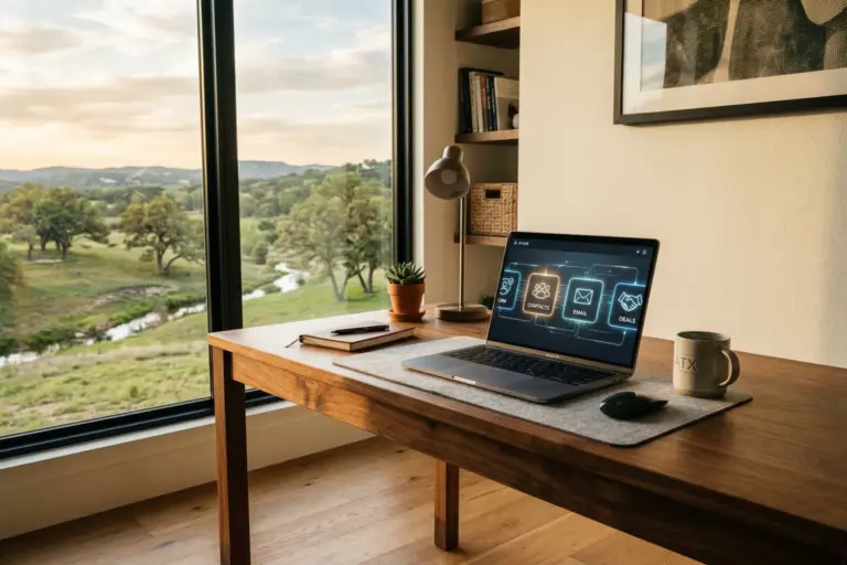 Laptop on wooden desk showing AI dashboard with connected business tool icons with Texas Hill Country landscape visible through window