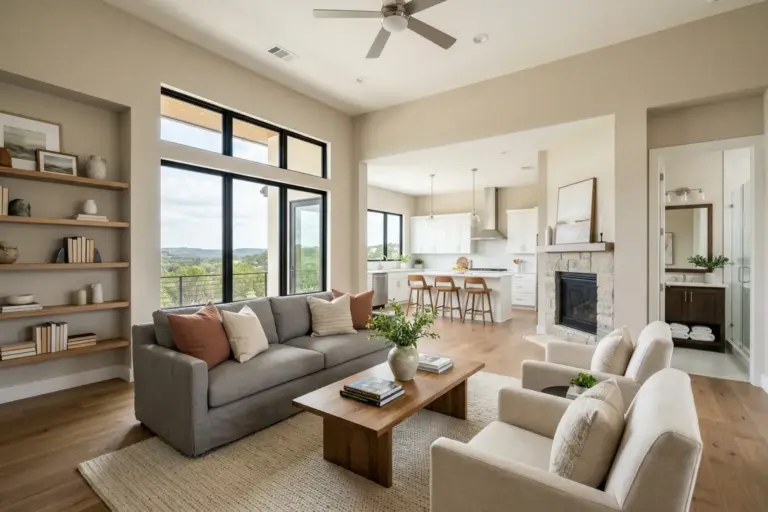 Staged living room with neutral paint and decluttered shelves prepared for a home listing