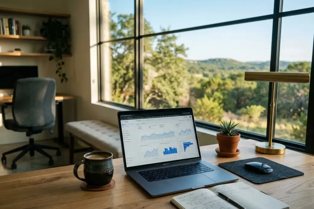Laptop on desk showing real estate data analytics with morning light and Texas Hill Country view through window