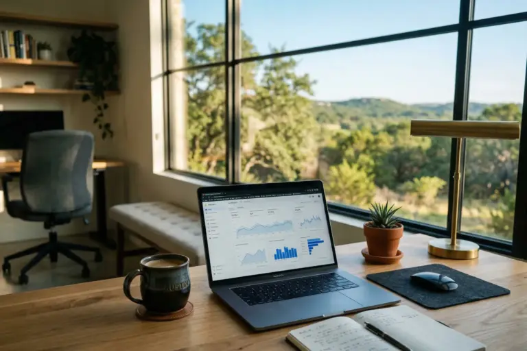 Laptop on desk showing real estate data analytics with morning light and Texas Hill Country view through window