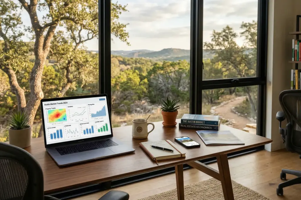 Modern home office desk with laptop showing real estate analytics data charts, coffee cup, and Texas Hill Country landscape visible through large window at golden hour