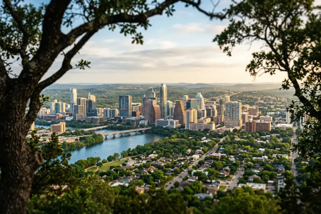 Tilt-shift aerial view of Austin Texas skyline at golden hour with Hill Country landscape and downtown buildings