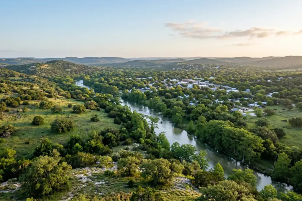 Aerial view of the Wimberley Valley in the Texas Hill Country with the Blanco River