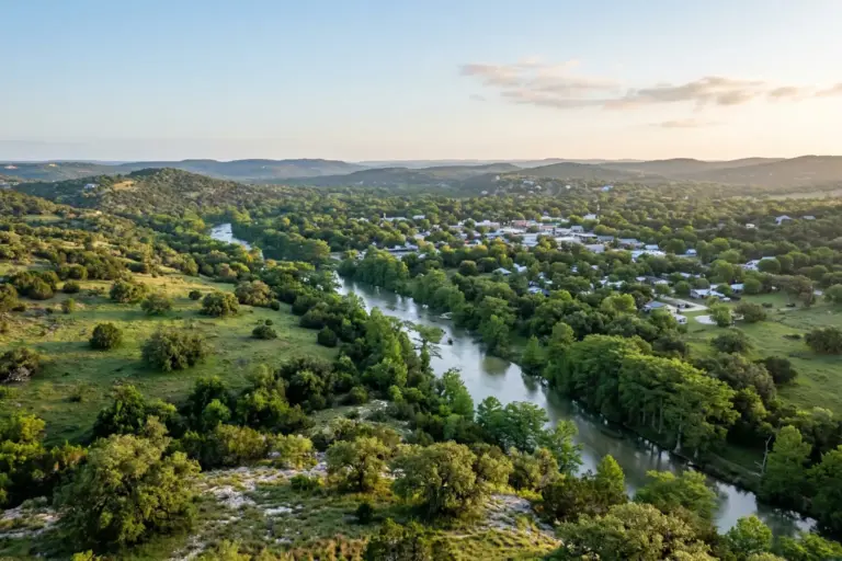 Aerial view of the Wimberley Valley in the Texas Hill Country with the Blanco River
