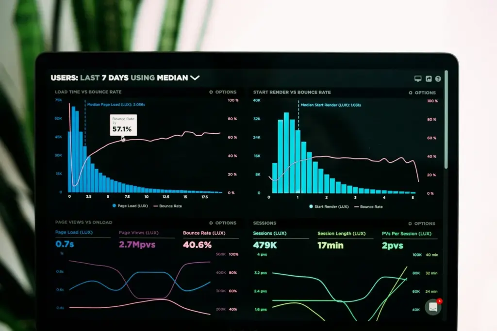 Laptop screen displaying data analytics dashboard with charts and performance metrics representing AI CMA accuracy and real estate valuation data