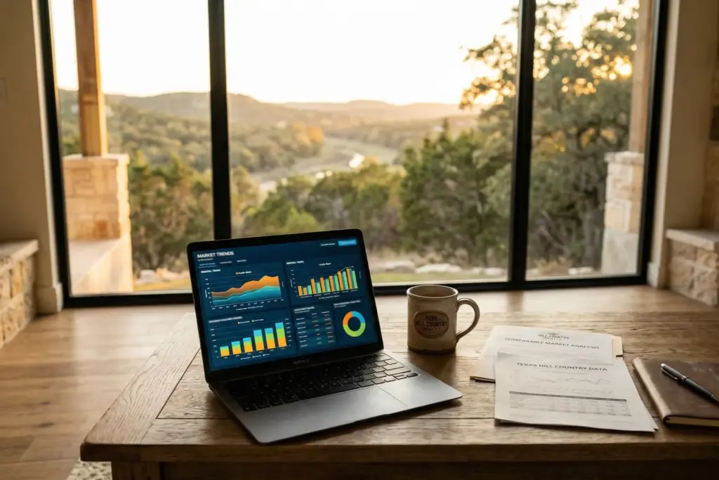 Laptop showing real estate pricing data and market analysis charts on a desk with Hill Country landscape visible through window