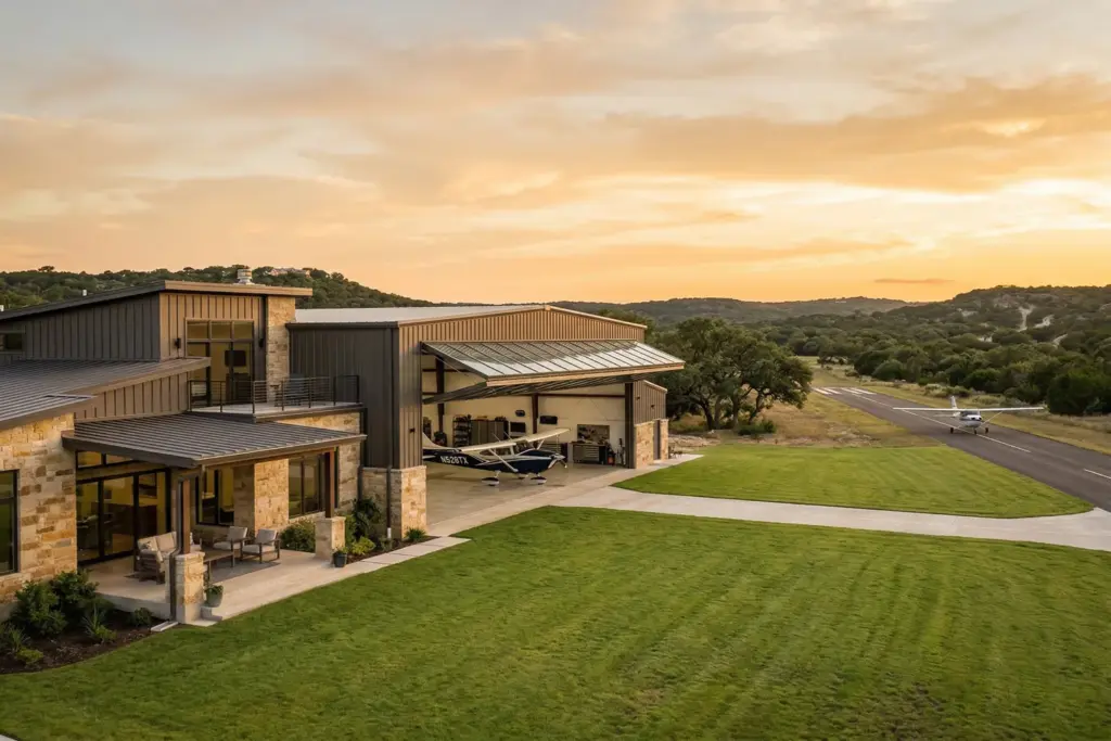 Airpark hangar home with airplane in Texas Hill Country at golden hour