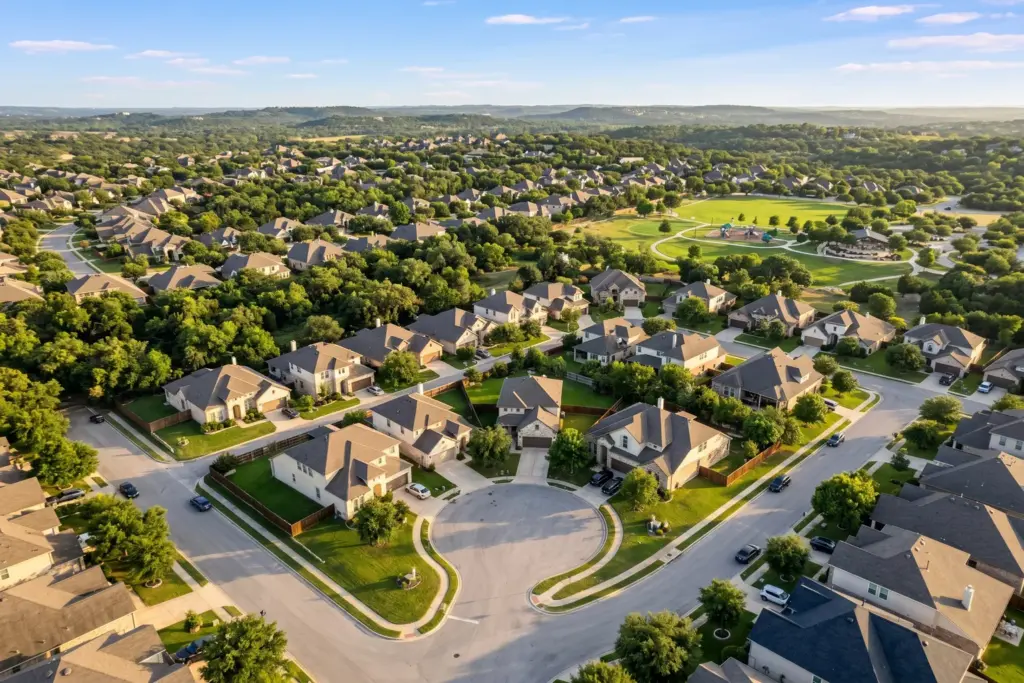 Aerial view of a suburban neighborhood in the Austin Texas Hill Country