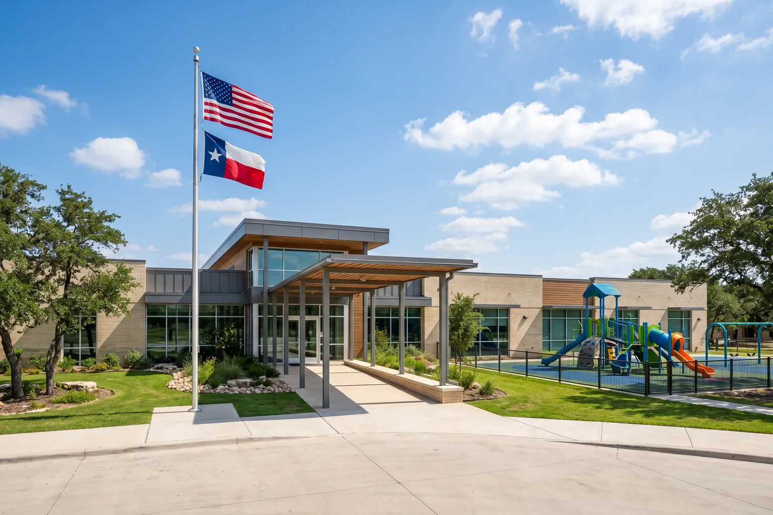 Modern public elementary school building exterior with playground in suburban Austin Texas
