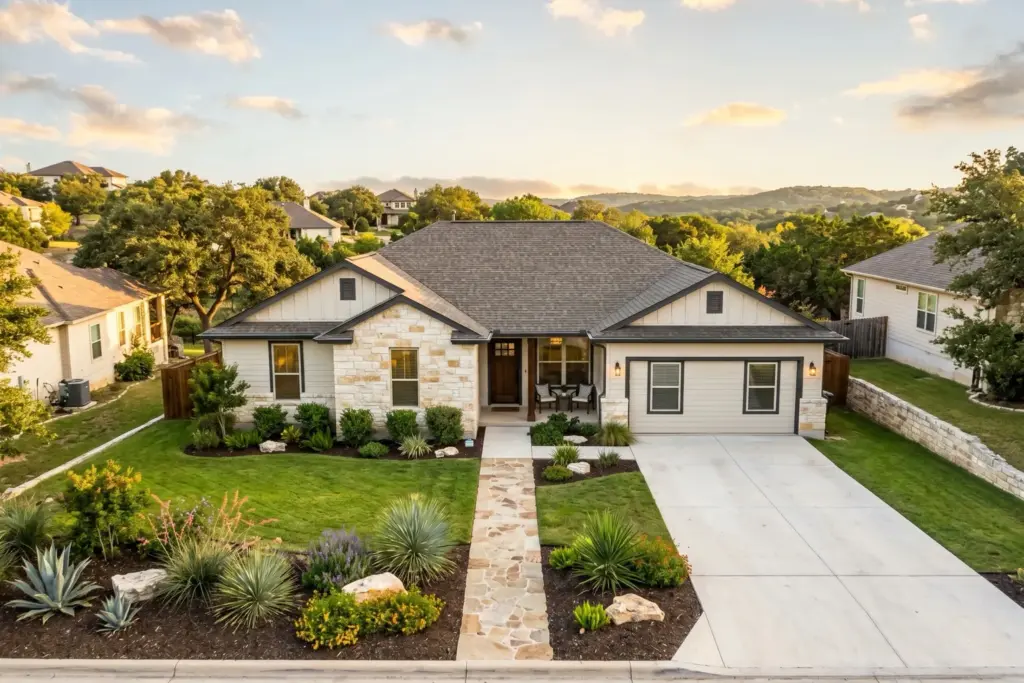 Renovated single-family ranch home in Texas Hill Country at golden hour showing fresh paint landscaping and curb appeal after BRRRR rehab