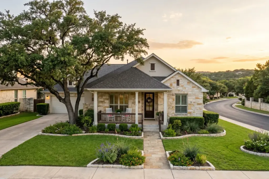 Single-family home with limestone exterior and live oak trees in the Texas Hill Country, representing a buy and hold real estate investment