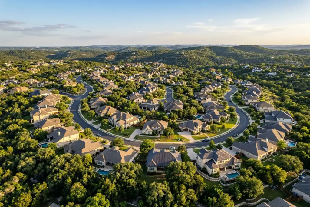 Aerial view of Austin Hill Country residential neighborhood with limestone homes and live oak trees