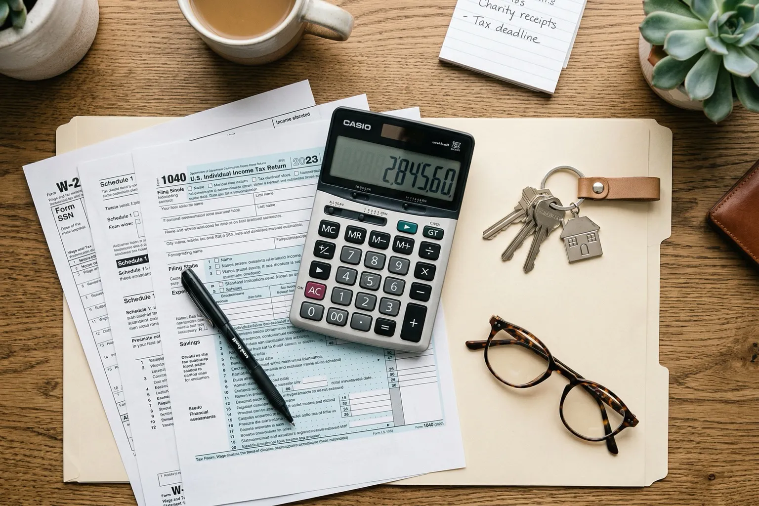 Tax documents calculator and house keys on desk for capital gains calculation