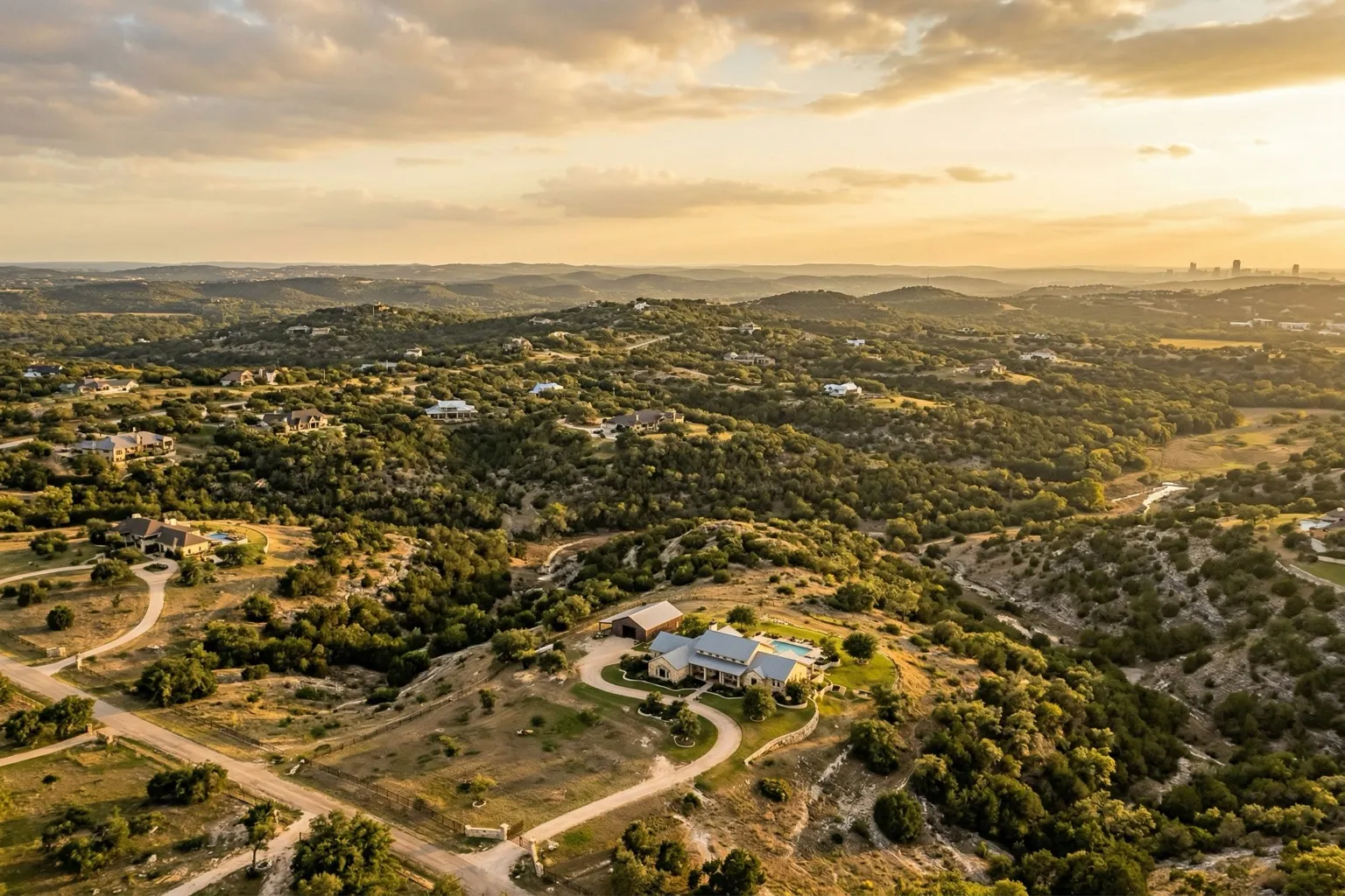 Texas Hill Country panoramic view with luxury homes and ranch properties among cedar and live oak trees
