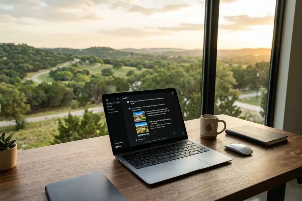 Laptop showing ChatGPT AI interface with Austin real estate listing results and Texas Hill Country landscape visible through window