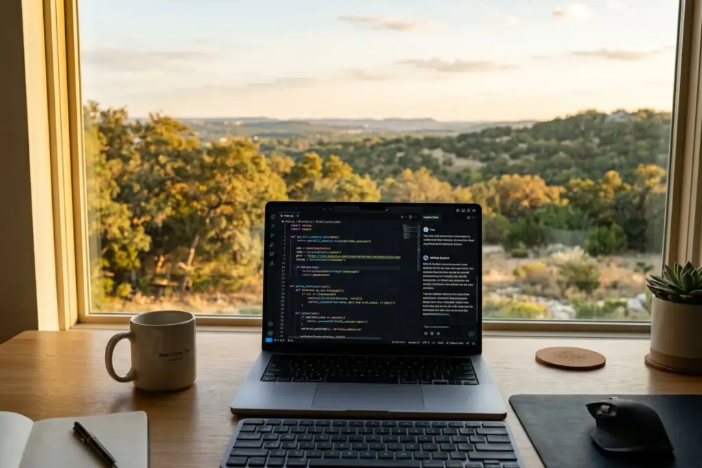 Laptop showing VS Code with Cline extension and code editor open near window with Texas Hill Country landscape at golden hour in Bee Cave Texas