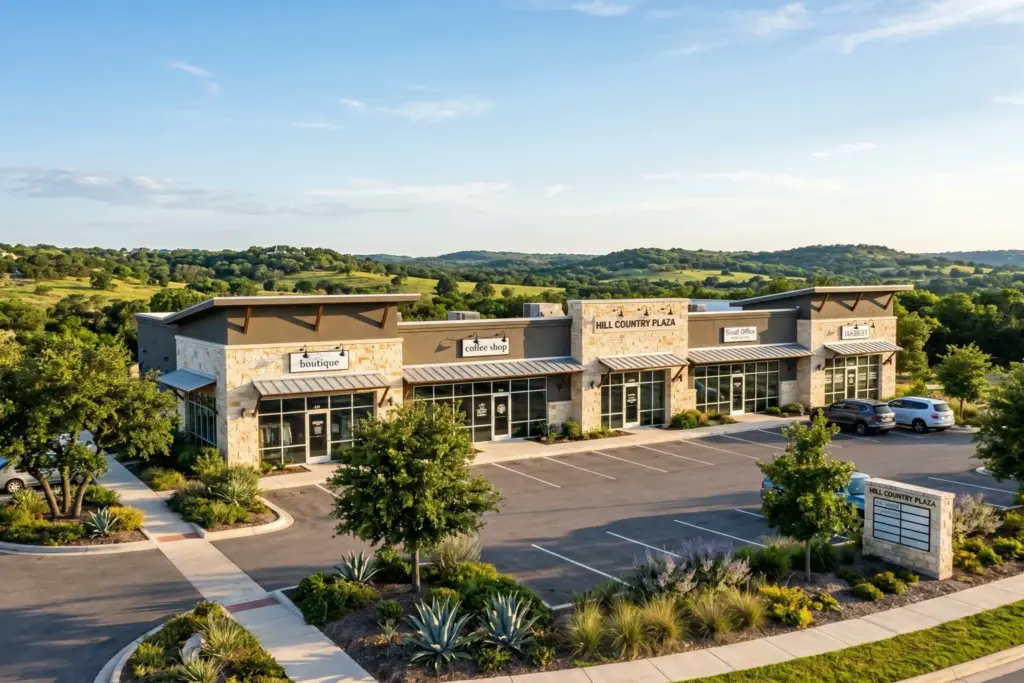 Modern commercial retail strip center with limestone facade and Texas live oaks in the Hill Country west of Austin