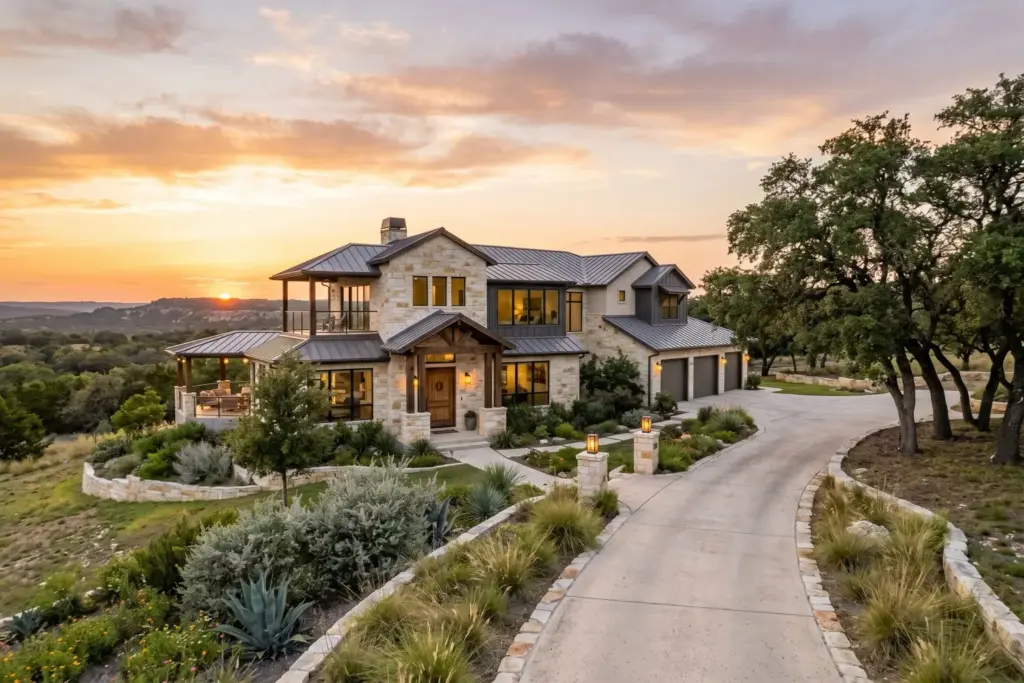 Luxury Hill Country rental property with limestone facade and live oaks at golden hour in Dripping Springs Texas
