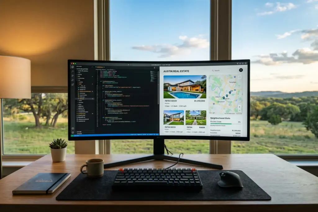 Developer workspace showing Cursor code editor connected to Austin MLS data with property listings and Hill Country landscape