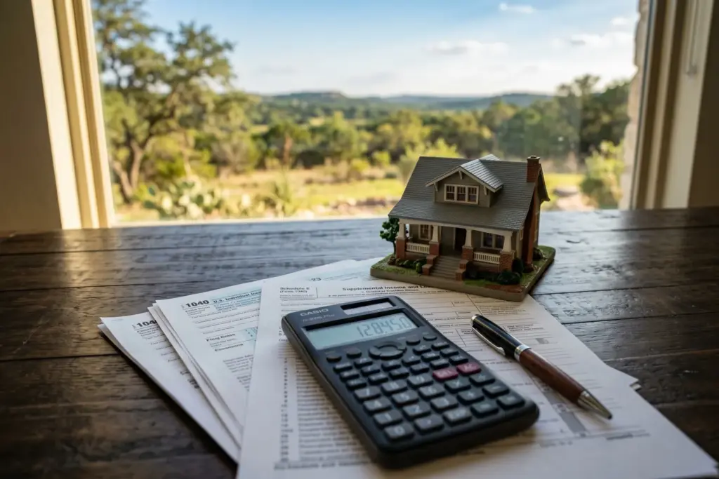 Calculator sitting on IRS tax documents next to a miniature model house on a wooden desk with Texas Hill Country visible through window