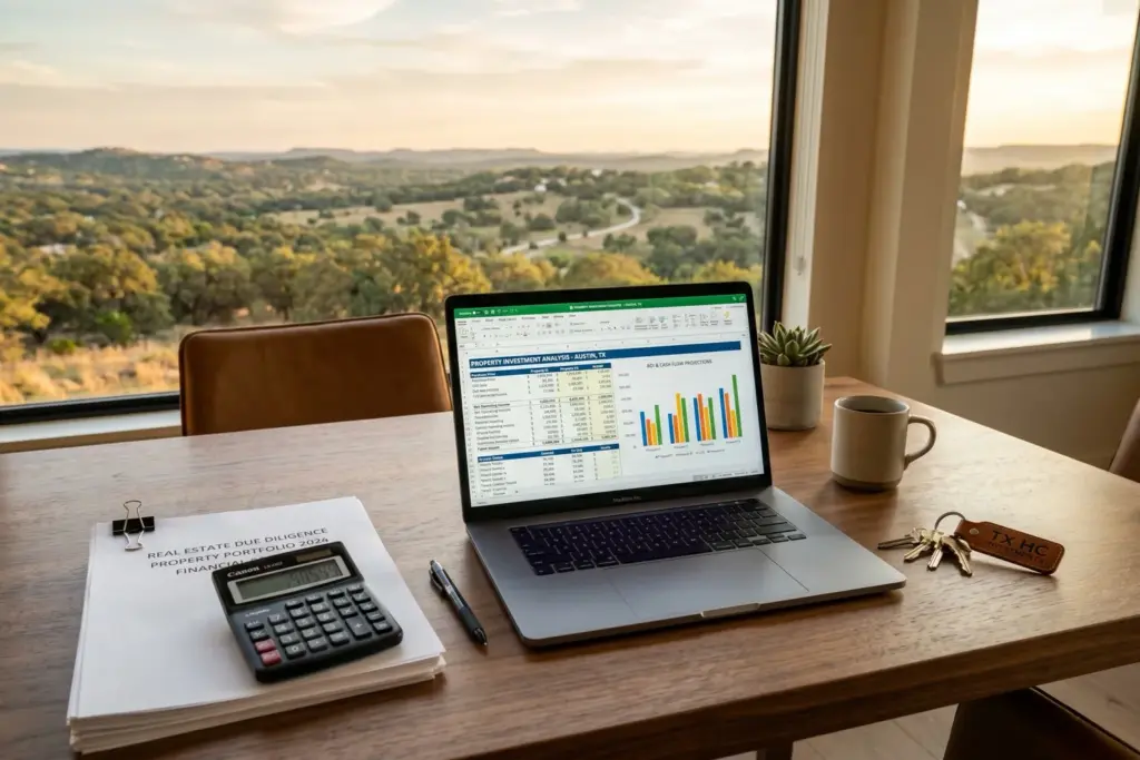 Laptop showing DSCR loan analysis spreadsheets with calculator and house keys on desk overlooking Texas Hill Country at golden hour
