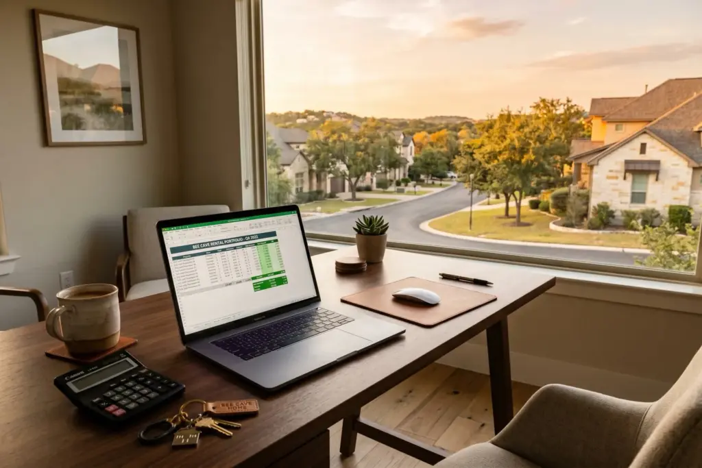 Laptop showing rental property financial spreadsheet with calculator and keys on desk, golden hour view of rental homes in Bee Cave Texas through window