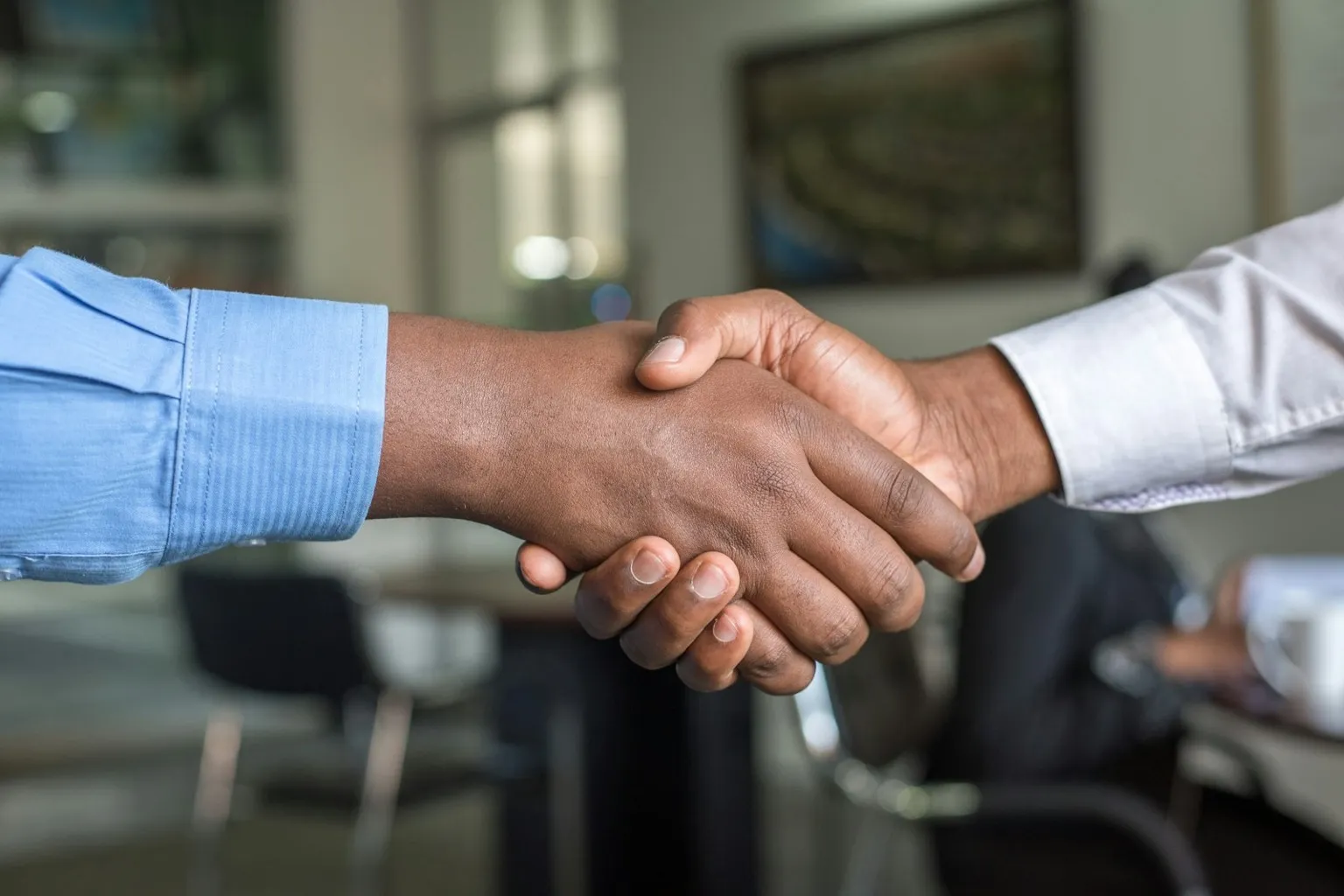 Buyer and real estate agent shaking hands after signing purchase contract
