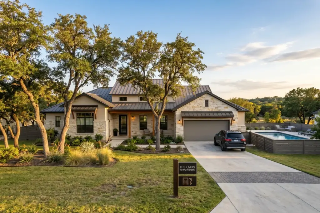 Modern Austin Texas single-family rental investment property exterior with pool and Hill Country landscaping at golden hour