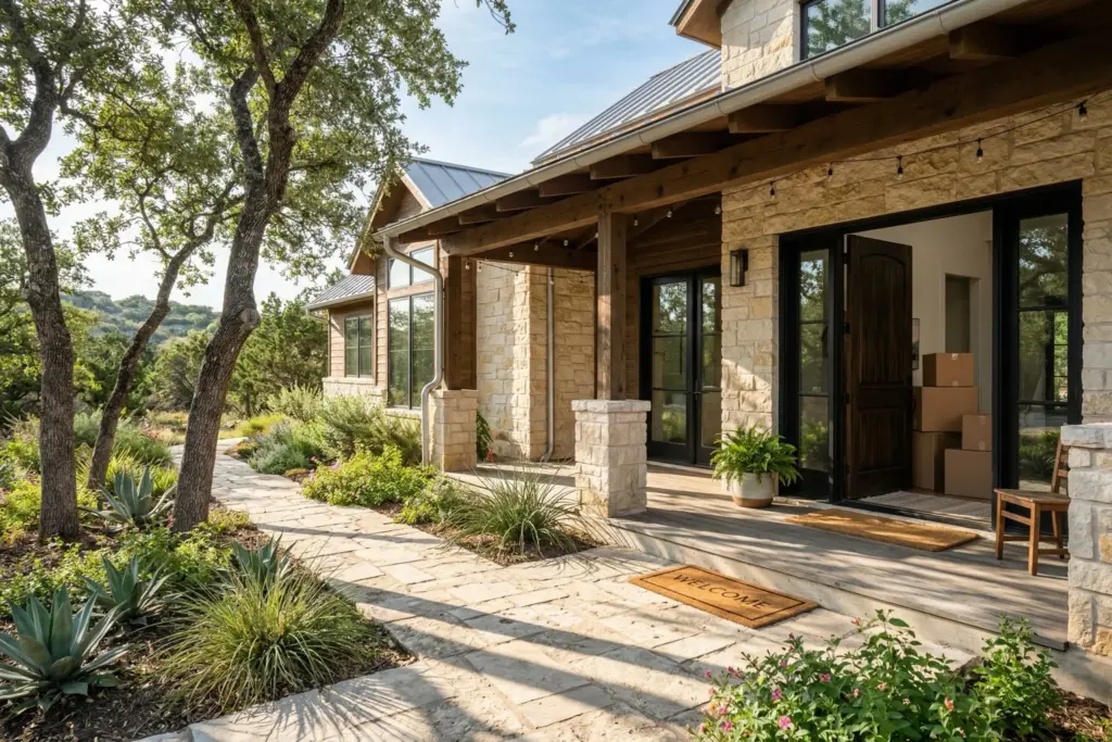 Front porch of a modern Texas Hill Country home with moving boxes visible through the open front door and live oak trees in the yard