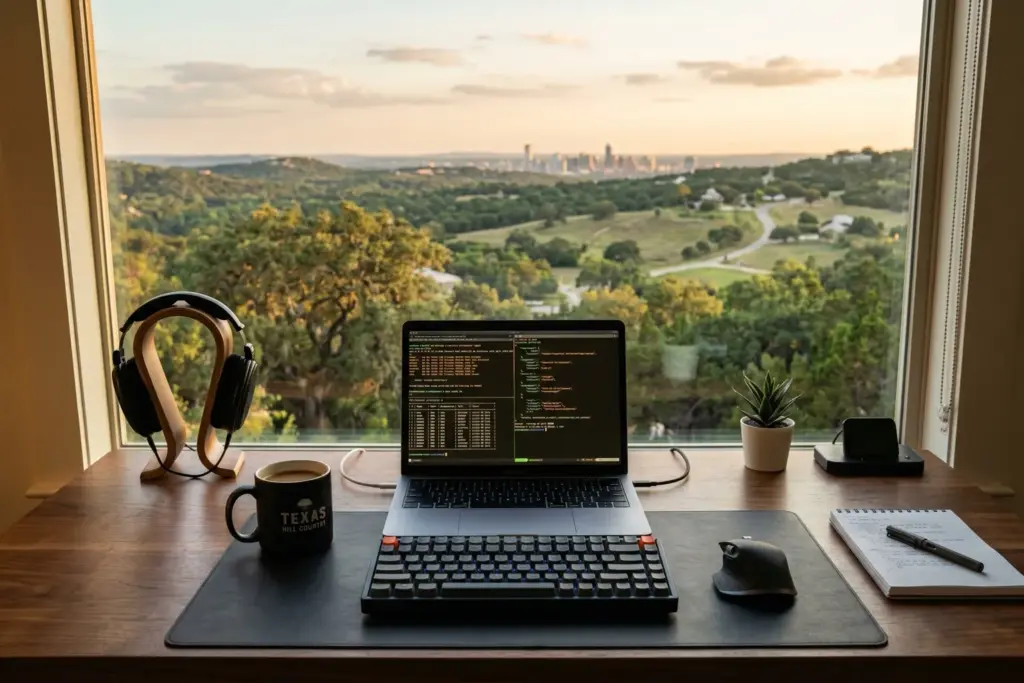 Laptop showing terminal with property data output on a desk overlooking Texas Hill Country near Austin