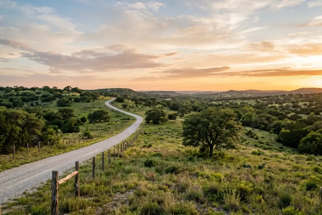 Rolling green hills and live oak trees on a vacant land parcel in the Texas Hill Country near Austin at golden hour sunset