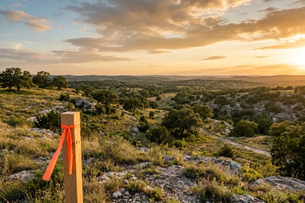 Undeveloped land parcel in Texas Hill Country with live oak trees limestone outcroppings and orange survey stake at golden hour