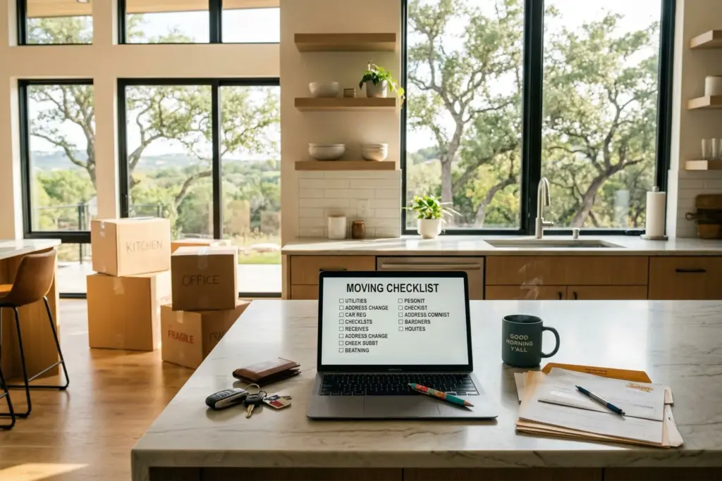 Kitchen counter with laptop showing a checklist, coffee, paperwork, and moving boxes in a bright Hill Country home