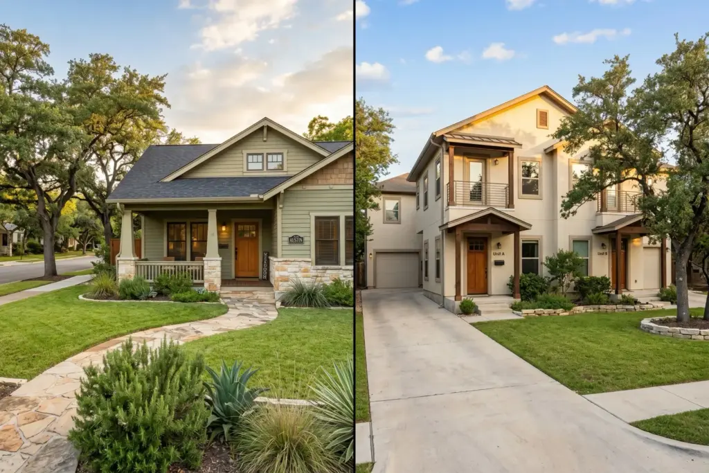 Side by side comparison of a single-family home and a duplex in an Austin Texas neighborhood with live oak trees at golden hour