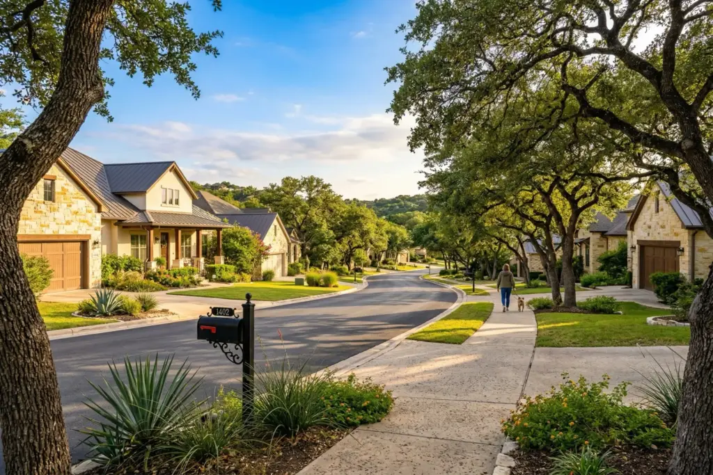 Tree-lined residential street in a Hill Country neighborhood near Austin Texas with limestone homes and a person walking a dog at sunset