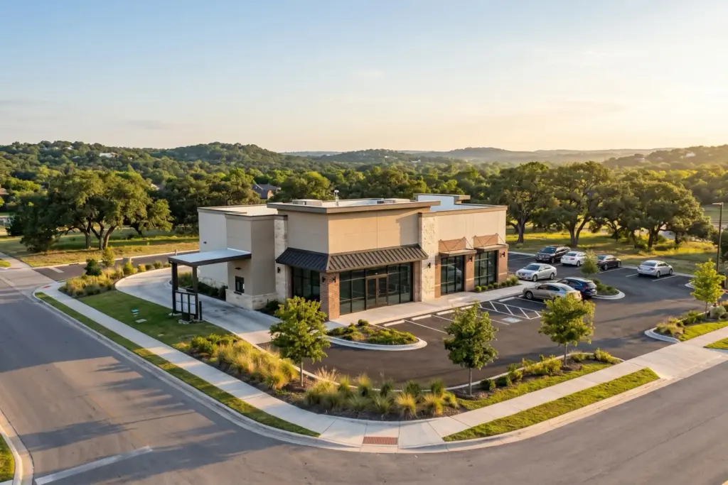 Freestanding commercial retail building on corner lot in Texas Hill Country at golden hour with rolling hills in background
