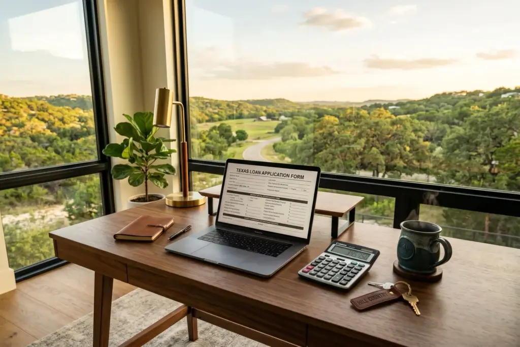 Home office desk with laptop showing loan application, calculator, and house keys with Texas Hill Country view through window