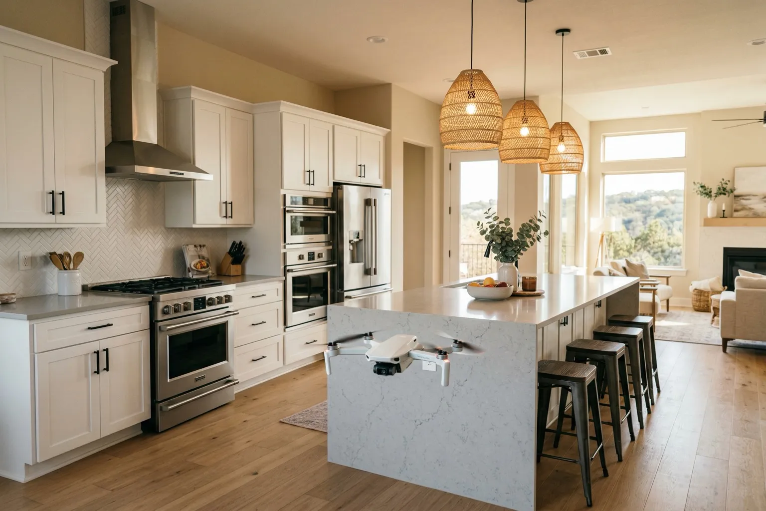 NRG Drone Tours drone navigating through a kitchen during a live virtual showing