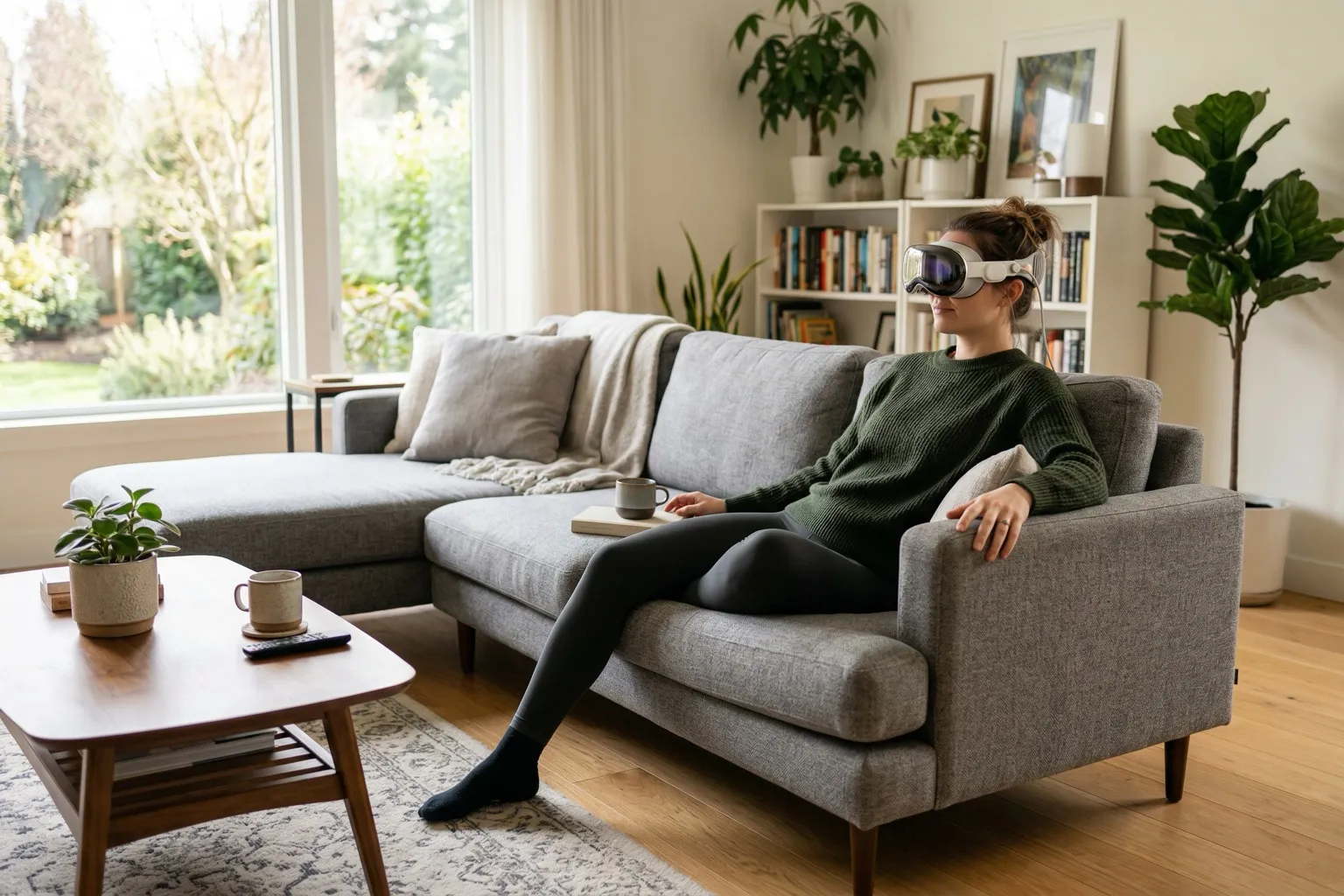 A buyer experiencing an NRG Drone Tour from the comfort of their couch using Apple Vision Pro