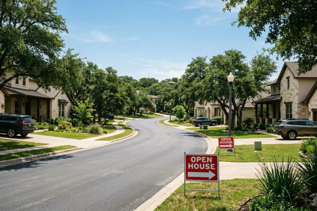 Residential street in Austin Texas Hill Country with open house signs