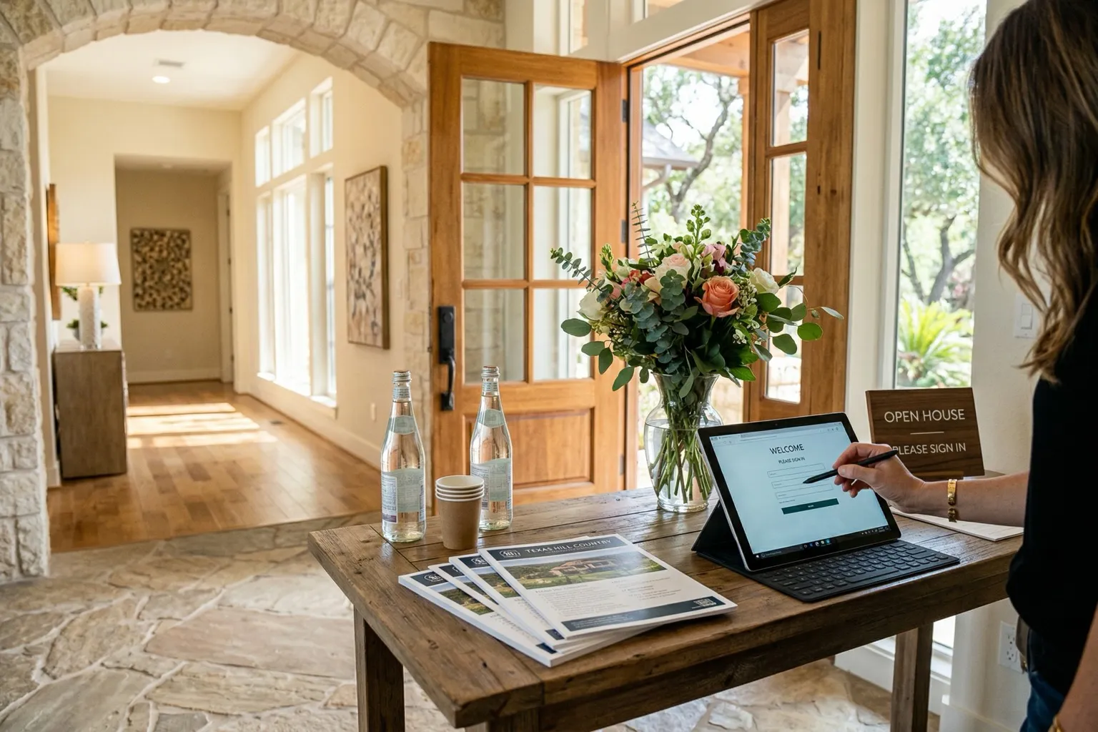 Open house sign-in table with property information sheets and refreshments at a Texas home entry